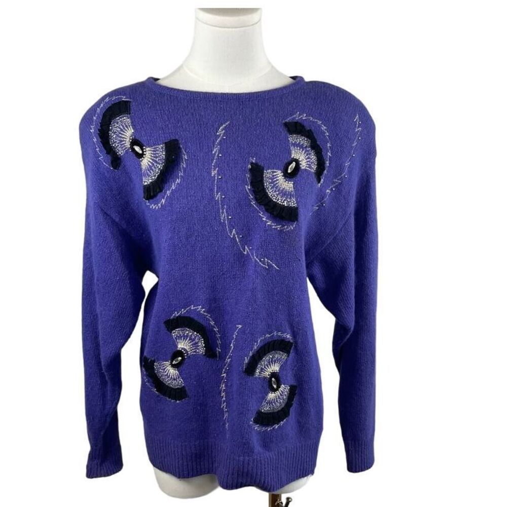 1989 Vintage I.B. Diffusion Silk blend Beaded, embroidered purple sweater, sz S